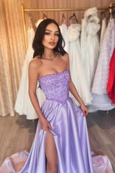 Stunning Lilac Strapless Sequined Sleeveless Court Train Satin Evening Dresses With High Slit